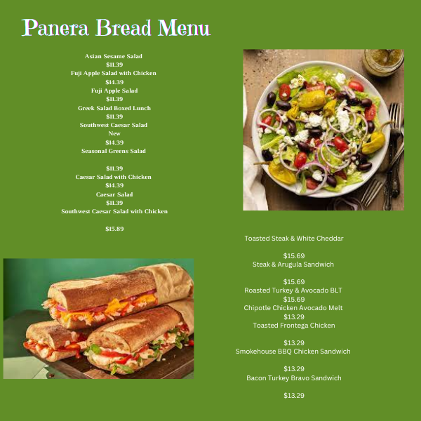 Price list of panera Bread Burgers and Salads presented 